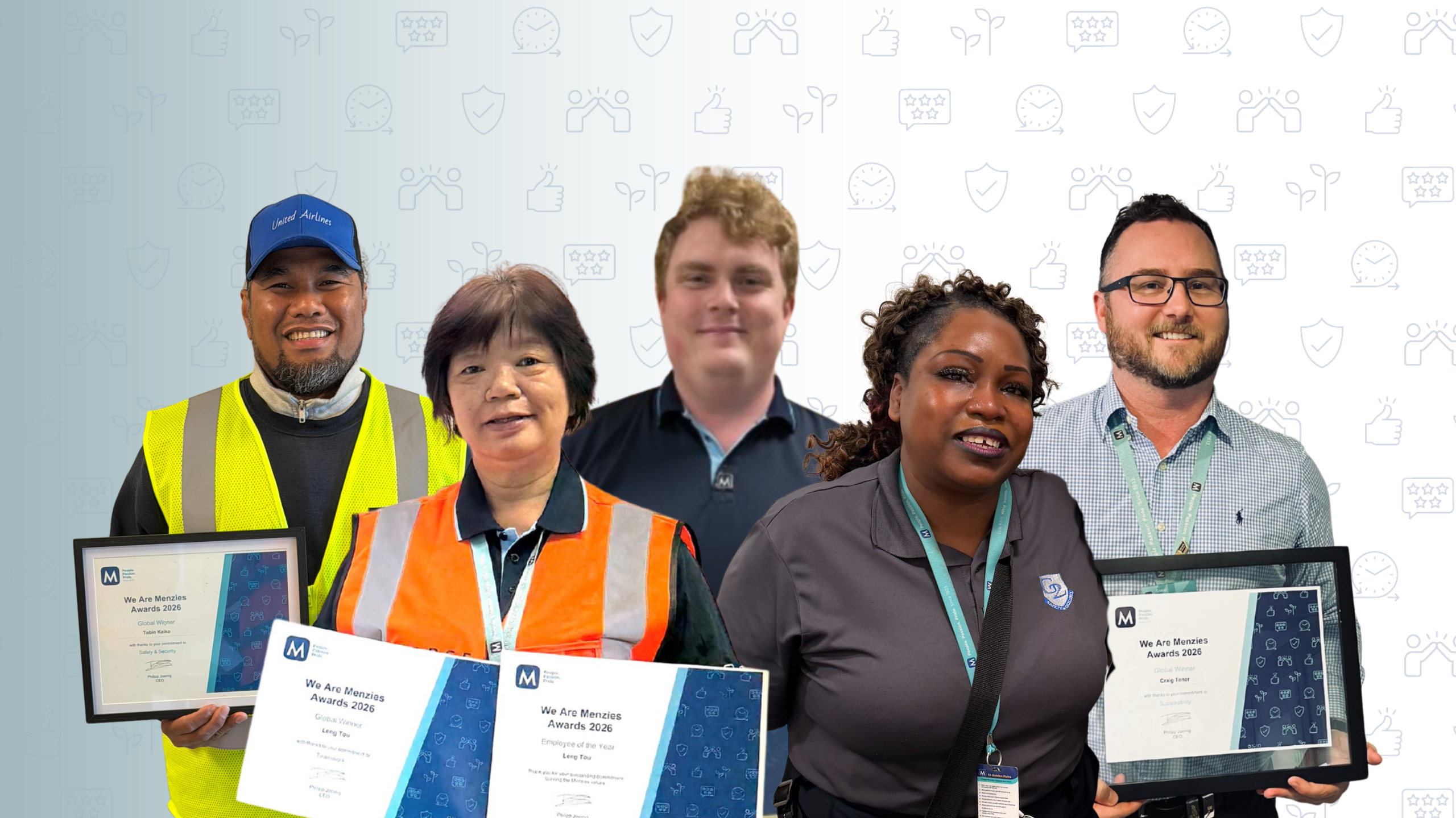 Group of Menzies Aviation employees holding “We Are Menzies Awards 2026” certificates against a neutral background.