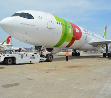 Aircraft on ramp with ground services