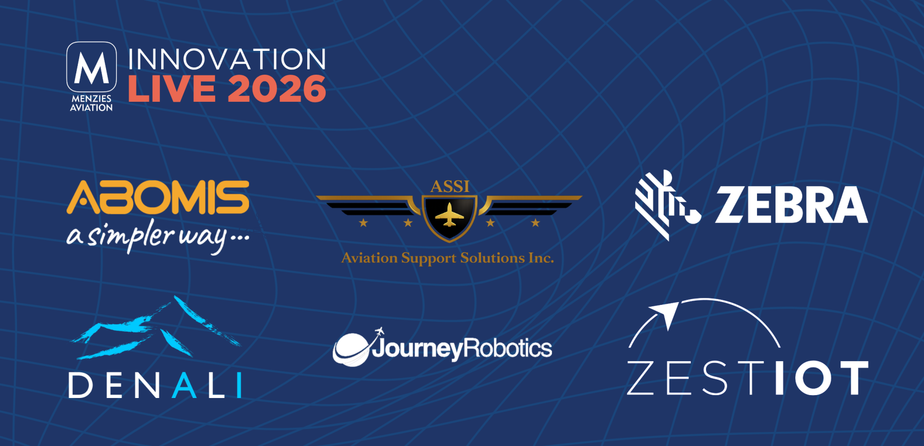 Menzies Aviation Innovation Live 2026 partner logos displayed on a blue background.