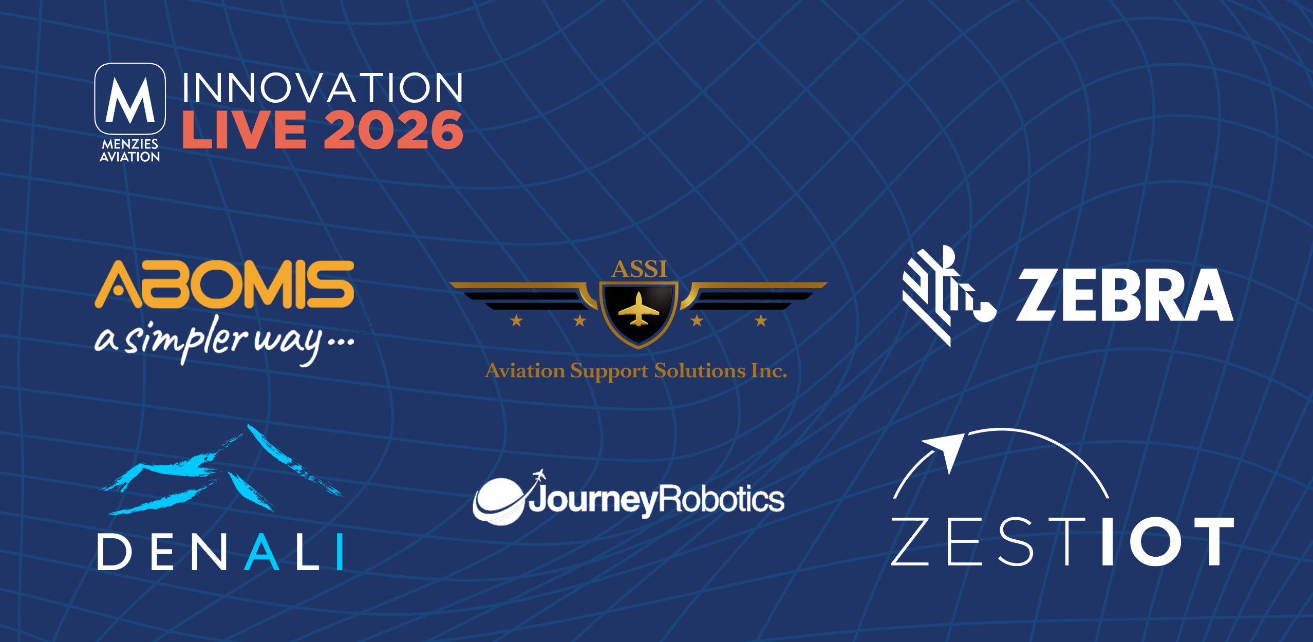 Menzies Aviation Innovation Live 2026 partner logos displayed on a blue background.