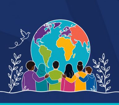 Illustrated group of people standing together and looking towards a globe.
