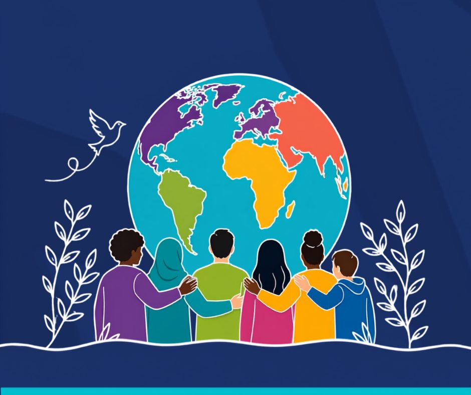 Illustrated group of people standing together and looking towards a globe.