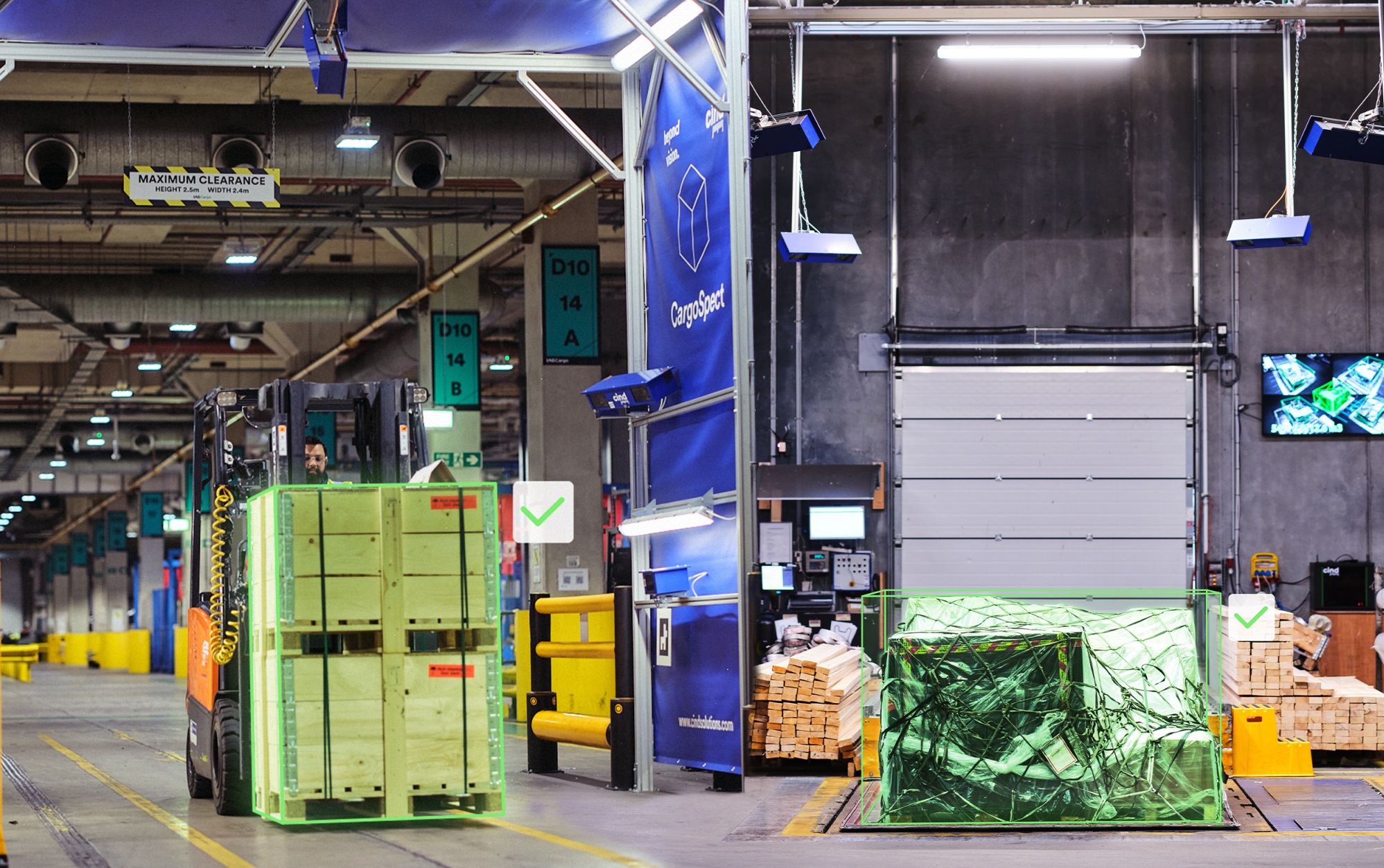 Automated cargo measurement and scanning portal inside a cargo facility at Heathrow Airport.