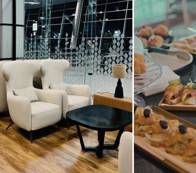Seating area and complimentary food selection inside the new Pearl Lounge at Hurghada International Airport.