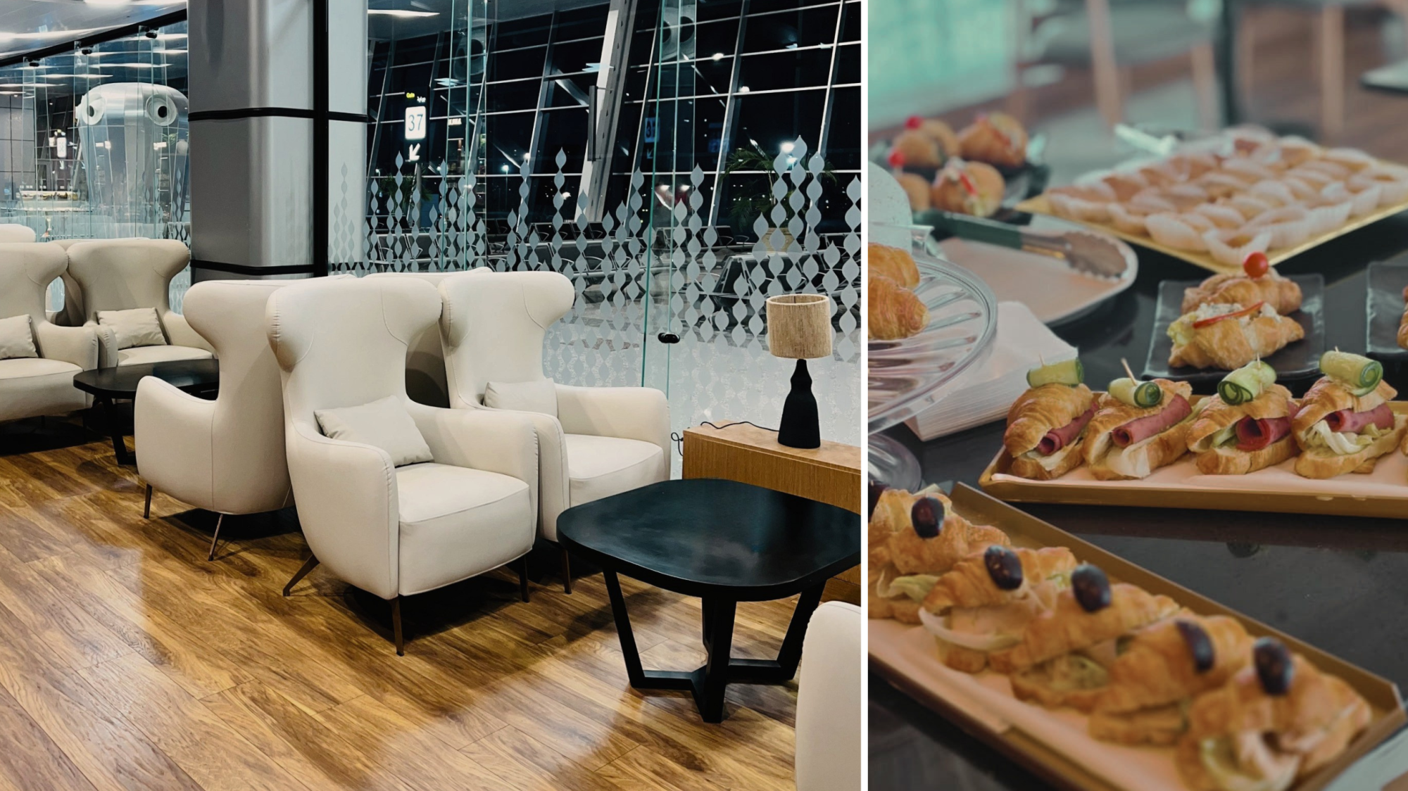 Seating area and complimentary food selection inside the new Pearl Lounge at Hurghada International Airport.