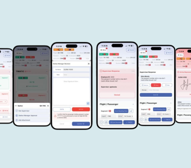 Six smartphone screens showing ABOMIS TimaCheck passenger document checks, approvals and supervisor responses.