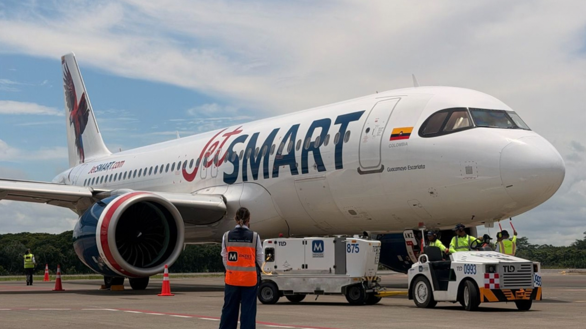 JetSMART aircraft on the apron during ground handling operations supported by Menzies Aviation.